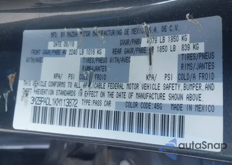 2019 Mazda Mazda3 Preferred Package z USA, uszkodzony, nr VIN 3MZBPADL1KM113872